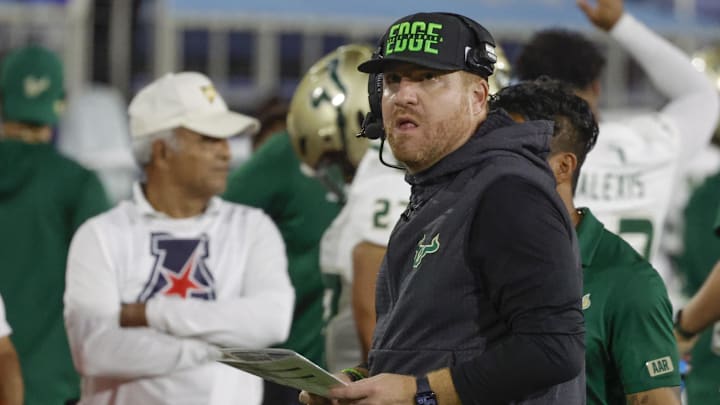 Nov 1, 2024; Boca Raton, Florida, USA;  South Florida Bulls head coach Alex Golesh on the sideline during the second quarter against the Florida Atlantic Owls at FAU Stadium. Mandatory Credit: Reinhold Matay-Imagn Images
