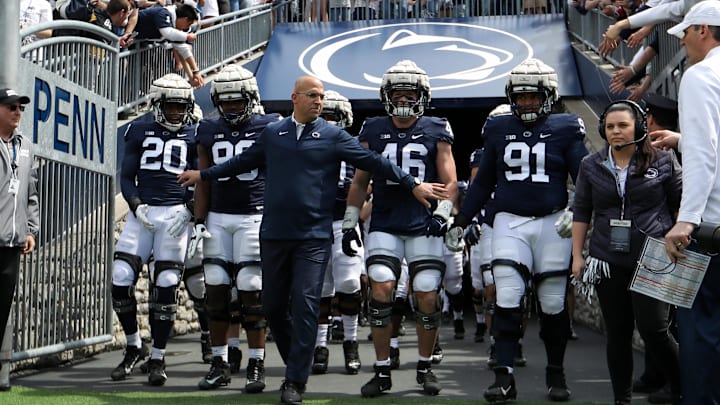 Penn State Nittany Lions head coach James Franklin leads his players out of the team tunnel prior to the Blue White spring game at Beaver Stadium. 
