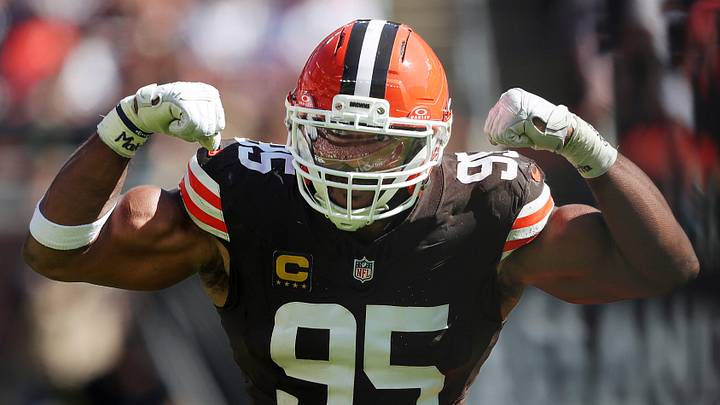 Cleveland Browns defensive end Myles Garrett celebrates after sacking Cincinnati Bengals quarterback Joe Burrow on Sept. 7, 2025, in Cleveland.