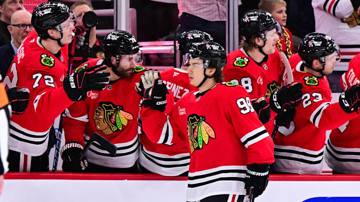 Feb 7, 2025; Chicago, Illinois, USA; Chicago Blackhawks center Connor Bedard (98) celebrates his goal against the Nashville Predators during the second period at the United Center. Mandatory Credit: Daniel Bartel-Imagn Images