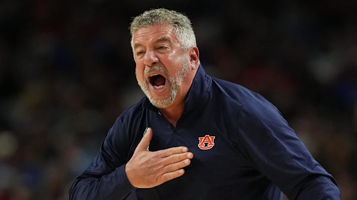 Apr 5, 2025; San Antonio, TX, USA; Auburn Tigers head coach Bruce Pearl reacts after a play against the Florida Gators during the second half in the semifinals of the men's Final Four of the 2025 NCAA Tournament at the Alamodome.