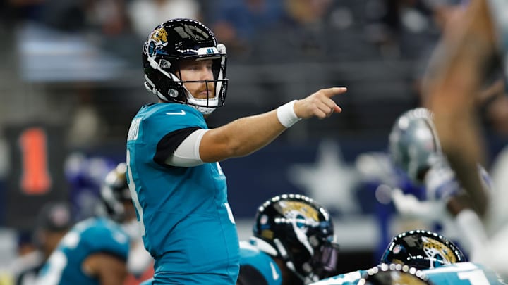 Aug 12, 2023; Arlington, Texas, USA; Jacksonville Jaguars quarterback C.J. Beathard (3) calls a play