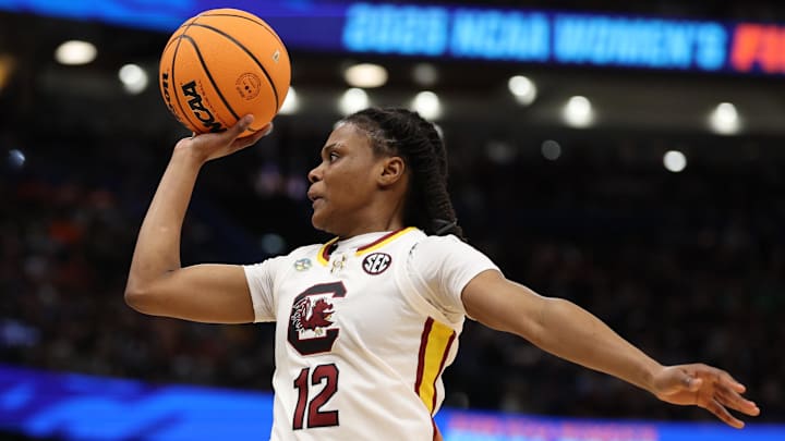 Apr 4, 2025; Tampa, FL, USA;  South Carolina Gamecocks guard MiLaysia Fulwiley (12) drives to the basket against the Texas Longhorns during the third quarter in a semifinal of the women's 2025 NCAA tournament at Amalie Arena. Mandatory Credit: Nathan Ray Seebeck-Imagn Images