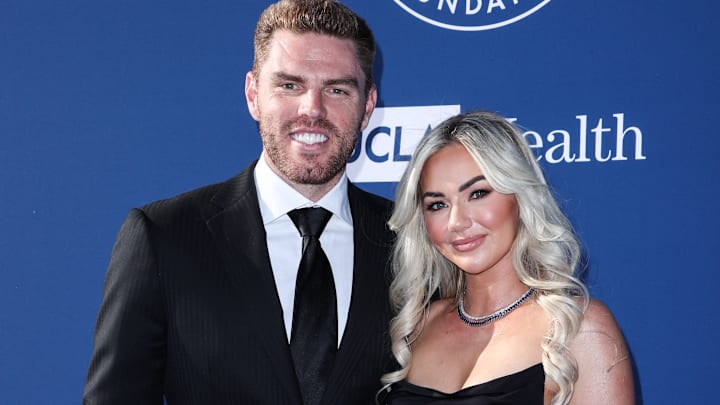 American professional baseball first baseman Freddie Freeman and wife Chelsea Freeman arrive at the Los Angeles Dodgers Foundation (LADF) Annual Blue Diamond Gala.