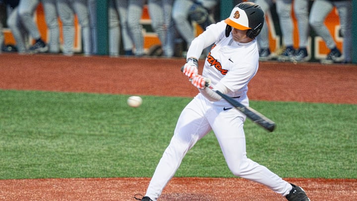 Oregon State's Easton Talt (6) swings the bat during an NCAA college baseball game at Goss Stadium on Friday, March 7, 2025, in Corvallis, Ore.