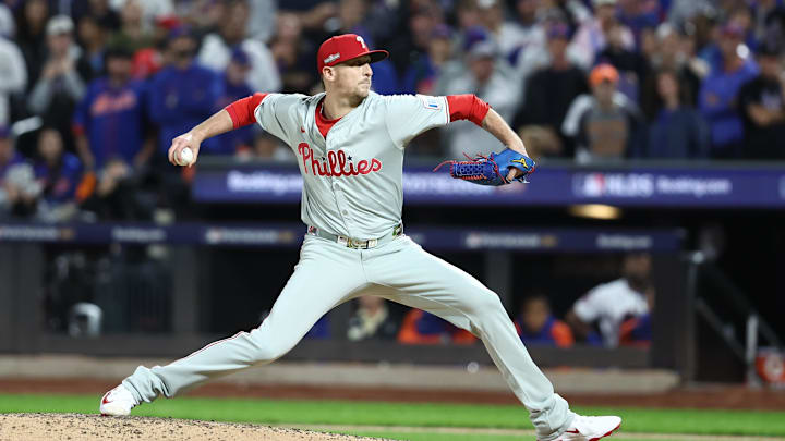 Oct 9, 2024; New York, New York, USA; Philadelphia Phillies pitcher Jeff Hoffman (23) throws a pitch in the fifth inning against the New York Mets in game four of the NLDS for the 2024 MLB Playoffs at Citi Field. Oct 9, 2024; New York, New York, USA; Philadelphia Phillies pitcher Jeff Hoffman (23) throws a pitch in the fifth inning against the New York Mets in game four of the NLDS for the 2024 MLB Playoffs at Citi Field.