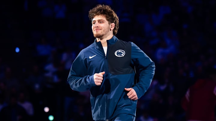 Penn State Nittany Lions senior Levi Haines is introduced before a Big Ten dual meet against Nebraska. Penn State Nittany Lions senior Levi Haines is introduced before a Big Ten dual meet against Nebraska.
