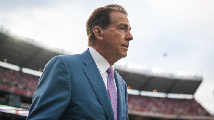 Sep 28, 2024; Tuscaloosa, Alabama, USA; Former Alabama Crimson Tide head coach Nick Saban walks onto the field before a game between the Crimson Tide and Georgia Bulldogs at Bryant-Denny Stadium. Mandatory Credit: Will McLelland-Imagn Images