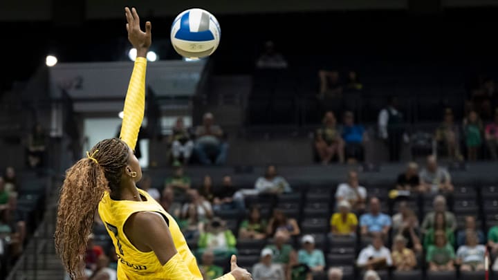 Oregon opposite Alanah Clemente hits during an Oregon volleyball scrimmage at Matthew Knight Arena on Aug. 8, 2025, in Eugene, Oregon.