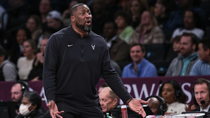 Dec 27, 2023; Brooklyn, New York, USA; Milwaukee Bucks head coach Adrian Griffin reacts