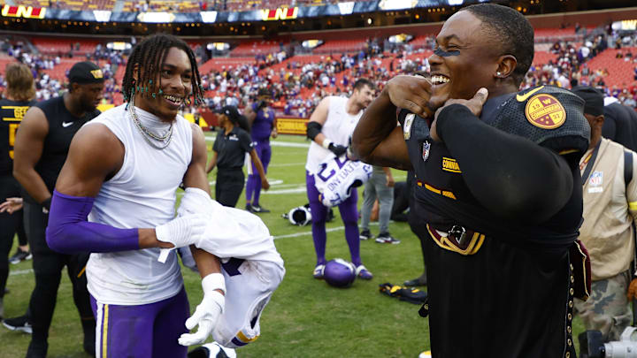 Nov 6, 2022; Landover, Maryland, USA; Minnesota Vikings wide receiver Justin Jefferson (L) exchanges jerseys with Washington Commanders wide receiver Terry McLaurin (17) after their game at FedExField.