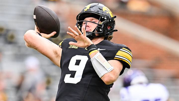 Sep 19, 2026; Iowa City, Iowa, USA; Iowa Hawkeyes quarterback Hank Brown (9) warms up before the game against the UNI Panthers at Kinnick Stadium. Mandatory Credit: Jeffrey Becker-Imagn Images Sep 19, 2026; Iowa City, Iowa, USA; Iowa Hawkeyes quarterback Hank Brown (9) warms up before the game against the UNI Panthers at Kinnick Stadium. Mandatory Credit: Jeffrey Becker-Imagn Images