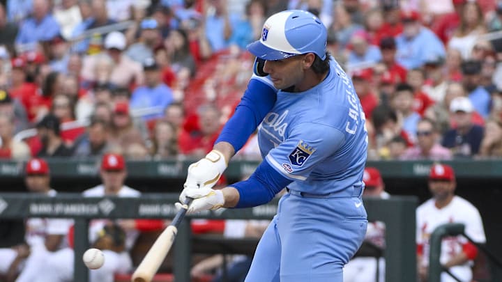 Jun 3, 2025; St. Louis, Missouri, USA; Kansas City Royals designated hitter Jac Caglianone (14) bats against the St. Louis Cardinals during the second inning of his Major League Baseball debut at Busch Stadium. Mandatory Credit: Jeff Curry-Imagn Images Jun 3, 2025; St. Louis, Missouri, USA; Kansas City Royals designated hitter Jac Caglianone (14) bats against the St. Louis Cardinals during the second inning of his Major League Baseball debut at Busch Stadium. Mandatory Credit: Jeff Curry-Imagn Images
