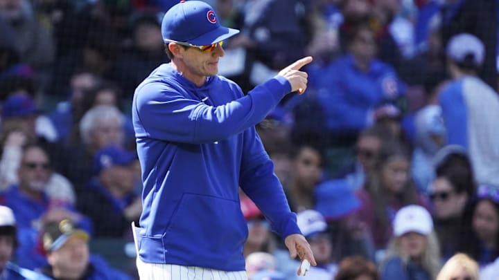 Apr 21, 2024; Chicago, Illinois, USA; Chicago Cubs manager Craig Counsell (30) makes a pitching