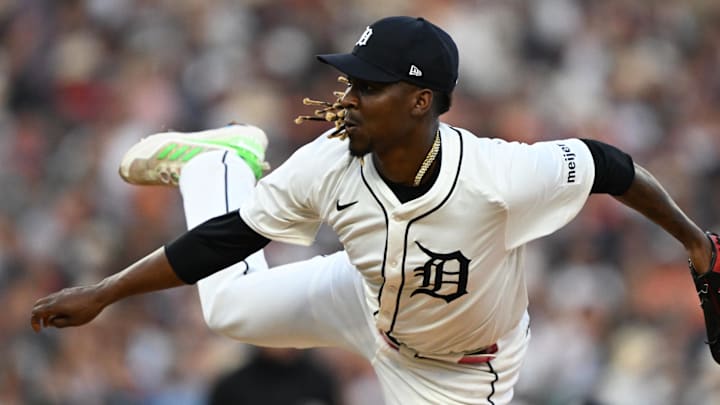 Aug 9, 2025; Detroit, Michigan, USA;  Detroit Tigers pitcher Rafael Montero (99) throws a pitch against the Los Angeles Angels in the sixth inning at Comerica Park. Mandatory Credit: Lon Horwedel-Imagn Images