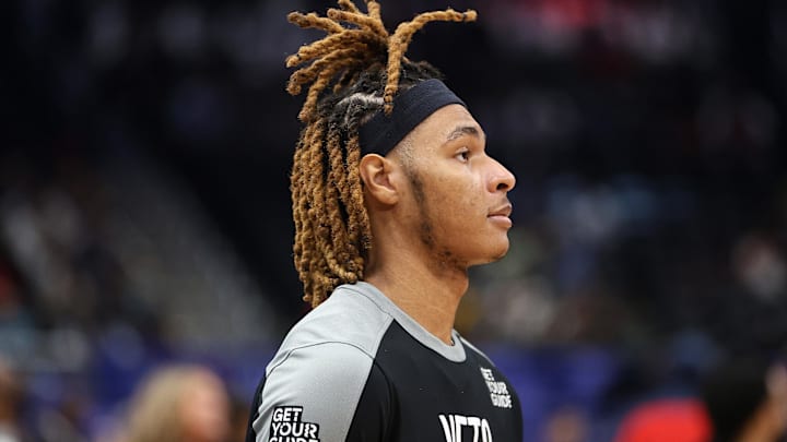 Mar 29, 2025; Washington, District of Columbia, USA; Brooklyn Nets forward Noah Clowney (21) looks on before a game against the Washington Wizards at Capital One Arena. Mandatory Credit: Daniel Kucin Jr.-Imagn Images