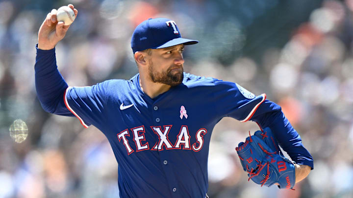 May 11, 2025; Detroit, Michigan, USA; Texas Rangers starting pitcher Nathan Eovaldi (17) throws a pitch against the Detroit Tigers in the first inning at Comerica Park.