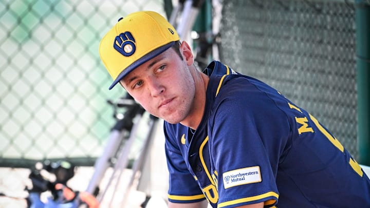 Milwaukee Brewers pitcher Jacob Misiorowski sits in the dugout during spring training workouts Tuesday, February 18, 2025, at American Family Fields of Phoenix in Phoenix, Arizona. Milwaukee Brewers pitcher Jacob Misiorowski sits in the dugout during spring training workouts Tuesday, February 18, 2025, at American Family Fields of Phoenix in Phoenix, Arizona.