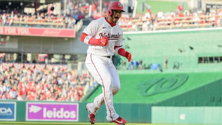 Mar 27, 2025; Washington, District of Columbia, USA; Washington Nationals catcher Keibert Ruiz (20) celebrates after hitting a home run during the fifth inning against the Philadelphia Phillies at Nationals Park.