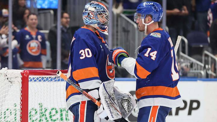 Oct 13, 2026; Elmont, New York, USA; New York Islanders goaltender Ilya Sorokin (30) is greeted by center Bo Horvat (14) after defeating the Vancouver Canucks 3-2 at UBS Arena. Mandatory Credit: Wendell Cruz-Imagn Images Oct 13, 2026; Elmont, New York, USA; New York Islanders goaltender Ilya Sorokin (30) is greeted by center Bo Horvat (14) after defeating the Vancouver Canucks 3-2 at UBS Arena. Mandatory Credit: Wendell Cruz-Imagn Images