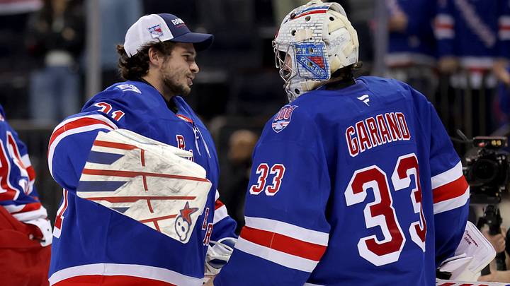 Mar 27, 2026; New York, New York, USA; New York Rangers goaltender Dylan Garand (33) is congratulated by goaltender Igor Shesterkin (31) after his first career NHL win against the Chicago Blackhawks at Madison Square Garden. Mandatory Credit: Brad Penner-Imagn Images Mar 27, 2026; New York, New York, USA; New York Rangers goaltender Dylan Garand (33) is congratulated by goaltender Igor Shesterkin (31) after his first career NHL win against the Chicago Blackhawks at Madison Square Garden. Mandatory Credit: Brad Penner-Imagn Images