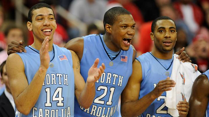 Jan 31, 2009; Raleigh, NC, USA; North Carolina Tar Heels forward Danny Green (14) and Deon Thompson (21) and Wayne Ellington (22) react towards the end of the Tar Heels 93-76 victory against the NC State Wolfpack at the RBC Center. Mandatory Credit: Bob Donnan-USA TODAY Sports Jan 31, 2009; Raleigh, NC, USA; North Carolina Tar Heels forward Danny Green (14) and Deon Thompson (21) and Wayne Ellington (22) react towards the end of the Tar Heels 93-76 victory against the NC State Wolfpack at the RBC Center. Mandatory Credit: Bob Donnan-USA TODAY Sports