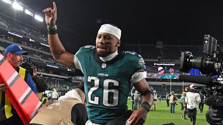 Nov 14, 2024; Philadelphia, Pennsylvania, USA; Philadelphia Eagles running back Saquon Barkley (26) runs off the field after win against the Washington Commanders at Lincoln Financial Field. Mandatory Credit: Eric Hartline-Imagn Images