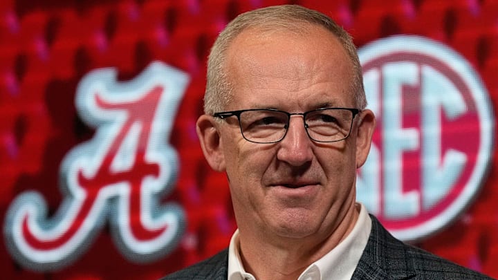 SEC Commissioner Greg Sankey introduces Alabama coach Kirsty Curry during SEC Media Day at the Grand Bohemian Hotel in Mountain Brook Tuesday, Oct. 16, 2024.