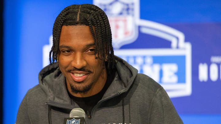 Mar 1, 2024; Indianapolis, IN, USA; Louisiana State quarterback Jayden Daniels (QB01) talks to the media during the 2024 NFL Combine at Lucas Oil Stadium. Mandatory Credit: Trevor Ruszkowski-USA TODAY Sports