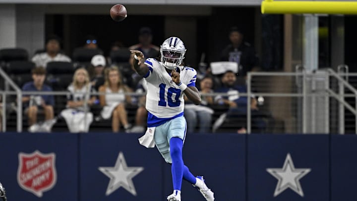 Dallas Cowboys quarterback Joe Milton III throws the ball during the first quarter against the Baltimore Ravens.
