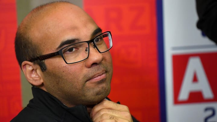 Feb 19, 2019; Glendale, AZ, USA; San Francisco Giants general manager Farhan Zaidi speaks to the media during spring training media day at the Glendale Civic Center Feb 19, 2019; Glendale, AZ, USA; San Francisco Giants general manager Farhan Zaidi speaks to the media during spring training media day at the Glendale Civic Center