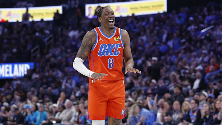 Jan 11, 2026; Oklahoma City, Oklahoma, USA; Oklahoma City Thunder guard/forward Jalen Williams (8) laughs after a play against the Miami Heat during the second half at Paycom Center. Mandatory Credit: Alonzo Adams-Imagn Images