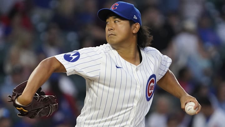 Sep 16, 2024; Chicago, Illinois, USA; Chicago Cubs pitcher Shota Imanaga (18) throws the ball against the Oakland Athletics during the first inning at Wrigley Field