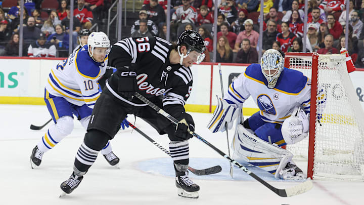 Oct 27, 2023; Newark, New Jersey, USA; New Jersey Devils left wing Erik Haula (56) plays the puck in