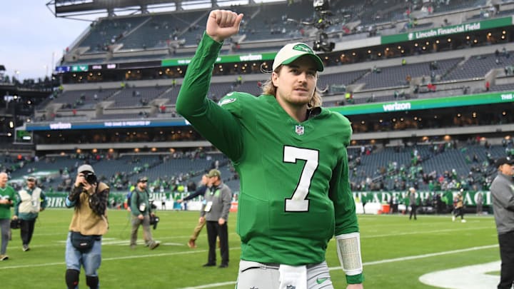 Dec 29, 2024; Philadelphia, Pennsylvania, USA; Philadelphia Eagles quarterback Kenny Pickett (7) walks off the field after win against the Dallas Cowboys at Lincoln Financial Field. Mandatory Credit: Eric Hartline-Imagn Images