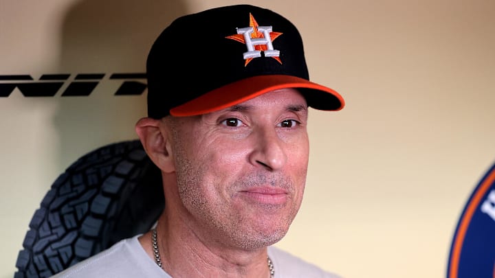 Sep 25, 2024; Houston, Texas, USA; Houston Astros manager Joe Espada (19) answers questions from the media in the dugout prior to the game against the Seattle Mariners at Minute Maid Park
