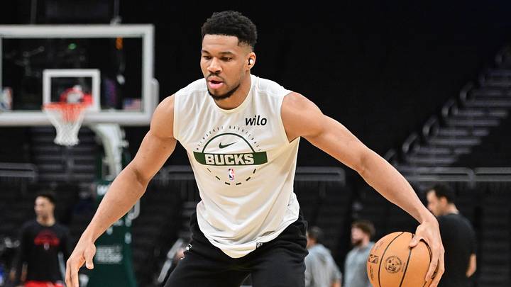 Feb 22, 2026; Milwaukee, Wisconsin, USA;  Milwaukee Bucks forward Giannis Antetokounmpo (34) warms up  before game against the Toronto Raptors at Fiserv Forum. Mandatory Credit: Benny Sieu-Imagn Images