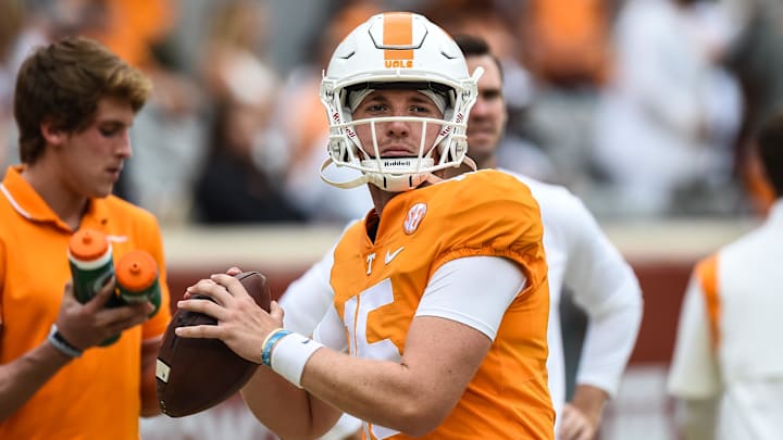 Sep 18, 2021; Knoxville, Tennessee, USA; Tennessee Volunteers quarterback Harrison Bailey (15) warming up before the game against the Tennessee Tech Golden Eagles at Neyland Stadium. Mandatory Credit: Bryan Lynn-Imagn Images