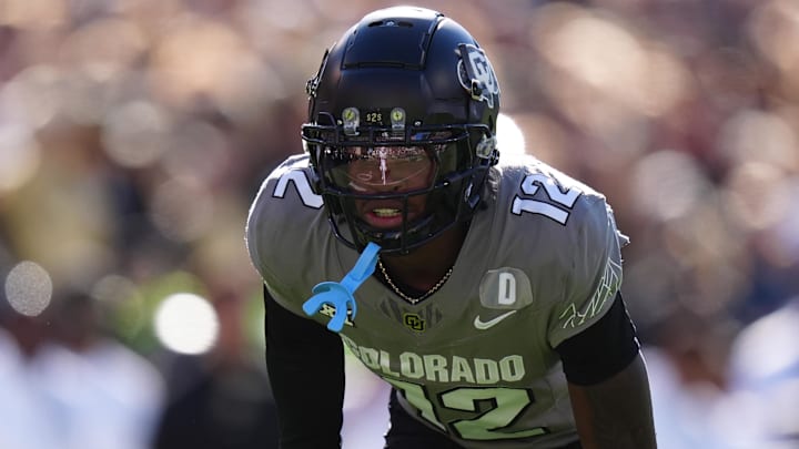 Nov 16, 2024; Boulder, Colorado, USA; Colorado Buffaloes defensive back Travis Hunter (12) looks on during the first quarter against the Utah Utes at Folsom Field. Mandatory Credit: Ron Chenoy-Imagn Images