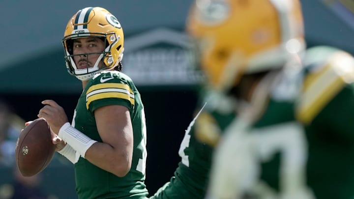 Green Bay Packers quarterback Jordan Love (10) throws a pass to Green Bay Packers wide receiver Romeo Doubs (87) during the first quarter of their game Sunday, September 29, 2024 at Lambeau Field in Green Bay, Wisconsin.
