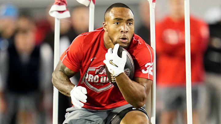 Ohio State Buckeyes running back TreVeyon Henderson works out during the pro day for NFL scouts at the Woody Hayes Athletic Cente on March 26, 2025.