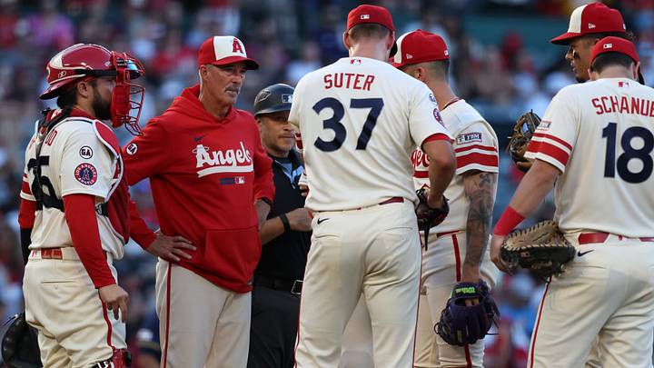 Aug 1, 2026; Anaheim, California, USA; Los Angeles Angels pitching coach Mike Maddux (second from left) talks with pitcher Brent Suter (37) during a mound visit in the second inning against the Milwaukee Brewers at Angel Stadium. Mandatory Credit: Kiyoshi Mio-Imagn Images Aug 1, 2026; Anaheim, California, USA; Los Angeles Angels pitching coach Mike Maddux (second from left) talks with pitcher Brent Suter (37) during a mound visit in the second inning against the Milwaukee Brewers at Angel Stadium. Mandatory Credit: Kiyoshi Mio-Imagn Images