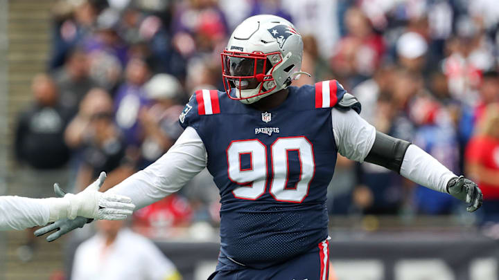Sep 25, 2022; Foxborough, Massachusetts, USA; New England Patriots defensive tackle Christian Barmore (90) reacts during the first half against the Baltimore Ravens at Gillette Stadium.