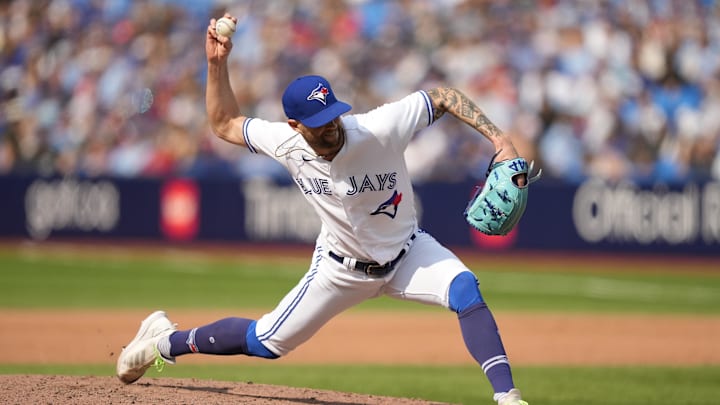 Jun 10, 2023; Toronto, Ontario, CAN; Toronto Blue Jays pitcher Adam Cimber (90) throws against the