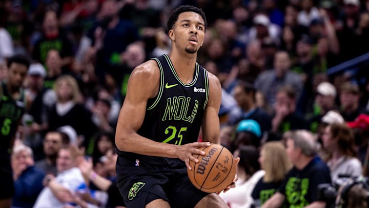Apr 29, 2024; New Orleans, Louisiana, USA; New Orleans Pelicans guard Trey Murphy III (25) shoots a jump shot against Oklahoma City Thunder during game four of the first round for the 2024 NBA playoffs at Smoothie King Center. Mandatory Credit: Stephen Lew-Imagn Images