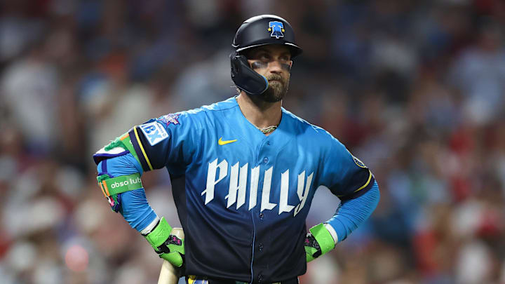 Apr 17, 2026; Philadelphia, Pennsylvania, USA; Philadelphia Phillies first baseman Bryce Harper (3) stands with hands on hips after a pop out to end the seventh inning against the Atlanta Braves at Citizens Bank Park. Mandatory Credit: Bill Streicher-Imagn Images