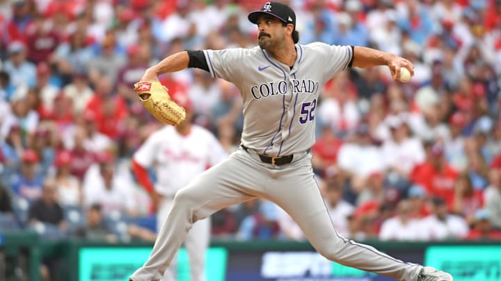 Mar 31, 2025; Philadelphia, Pennsylvania, USA; Colorado Rockies pitcher Scott Alexander (52) throws a pitch during the seventh inning against the Philadelphia Phillies at Citizens Bank Park.