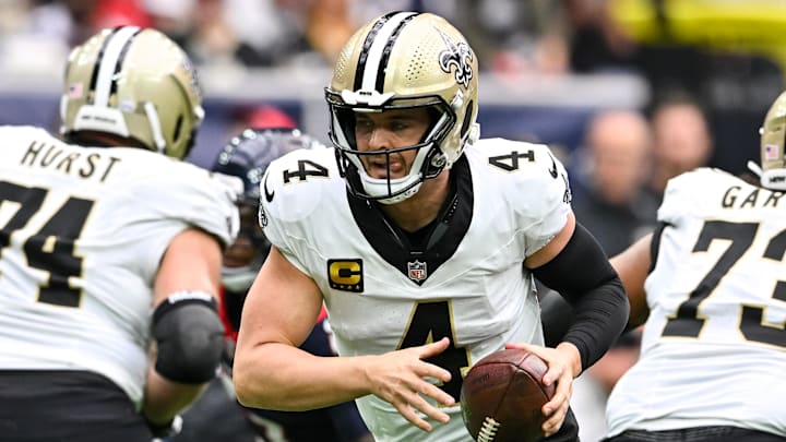 Oct 15, 2023; Houston, Texas, USA; New Orleans Saints quarterback Derek Carr (4) in action during