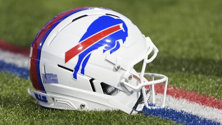 Detailed view of a Buffalo Bills helmet on the field prior to the game against the Baltimore Ravens at Highmark Stadium.