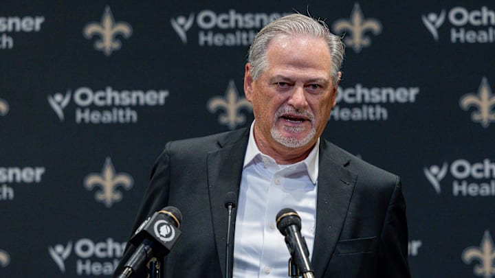 Nov 23, 2025; New Orleans, Louisiana, USA;  New Orleans Saints general manager Mickey Loomis during the Jimmy Graham retirement at Caesars Superdome. Mandatory Credit: Stephen Lew-Imagn Images
